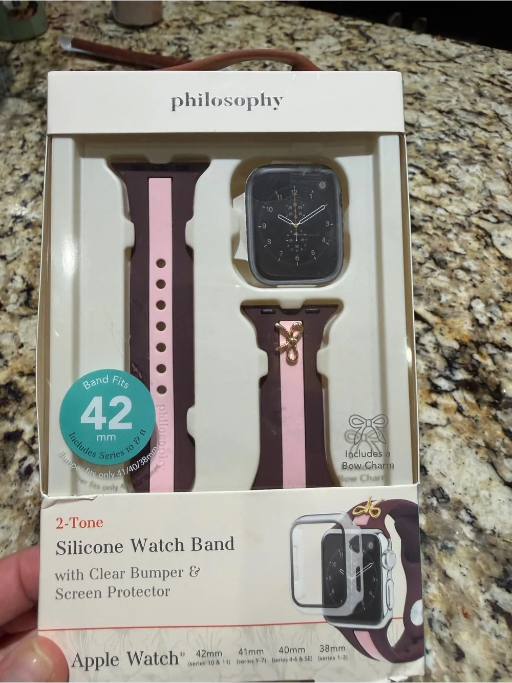Philosophy Two-Tone Silicone Apple Watch Band in Pink & Brown with Bow Charm